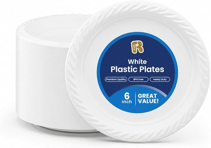 R-kay 100 Pack 6 Inch White Plastic Plates Disposable - Heavy Duty White Disposable Plates - Microwavable Disposable Plastic Plates (6 Inch, 100, Count)