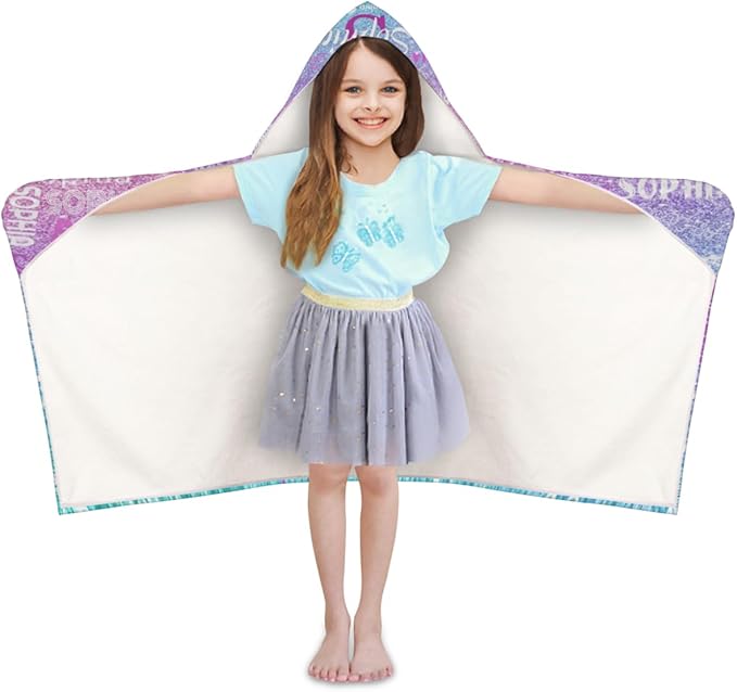 Personalized Hooded Beach Towels for Kids, Custom Beach Towels with Names, Customize with Your Name, Kids Bath Towel Hooded, Watercolor Blue Purple Glitters Print
