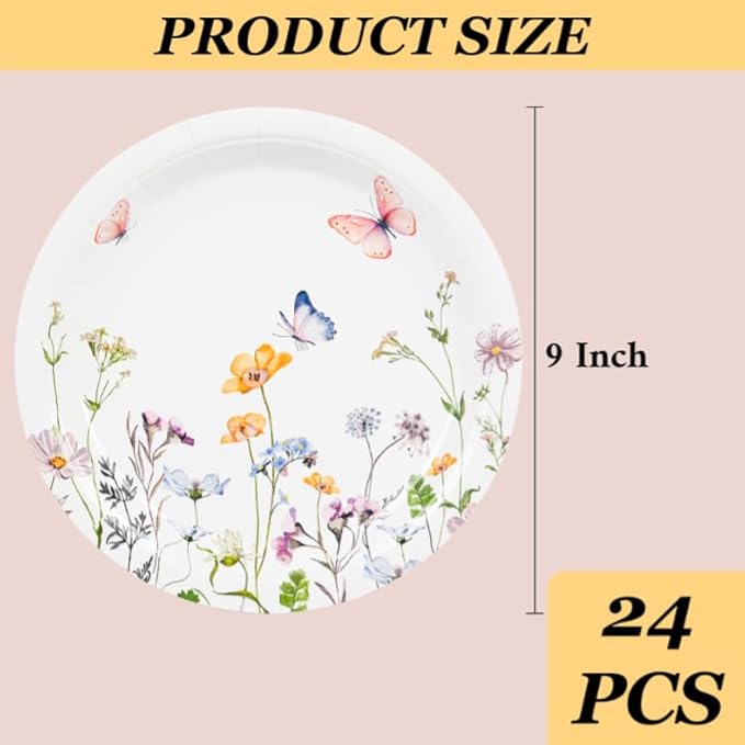 AimFun 24 Pcs Wildflower Paper Plates 9 Inch Disposable Floral Plates Spring Summer Watercolor Rustic Botanical Dinner Plates for Baby Shower Birthday Bridal Shower Wedding Tea Party