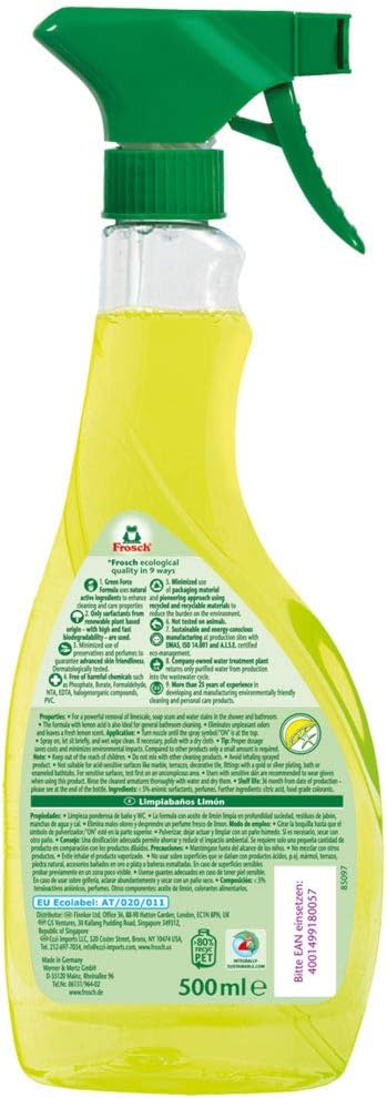 Frosch Natural Lemon Shower & Bathroom Cleaner Spray Bottle, 500ml (Pack of 2)