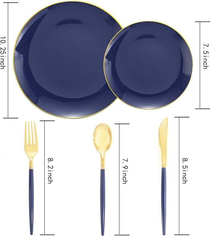 Liacere 150PCS Blue Plastic Plates - Gold Plastic Silverware with Blue Handle - Navy Disposable Plates Include 30 Guests Plates,Forks,Spoons,Knives for Party & Graduation & Memorial Day