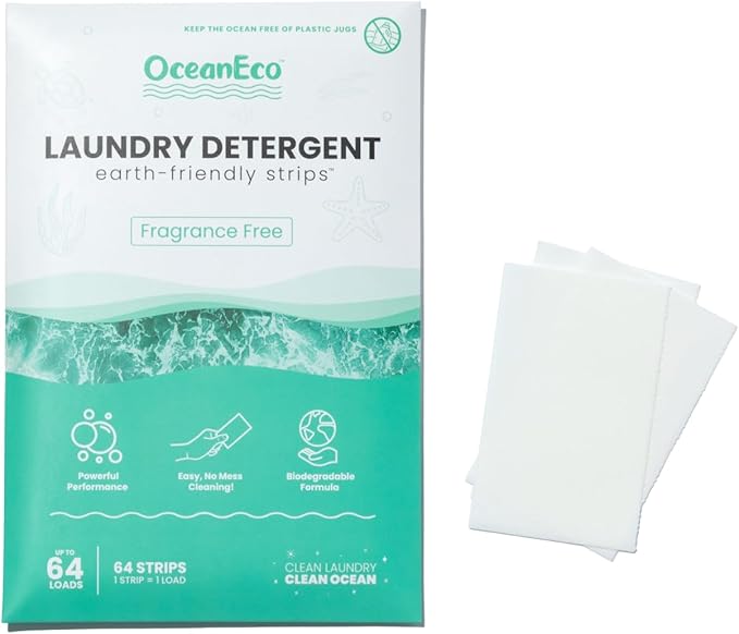 OceanEco™ Earth-Friendly Laundry Detergent Strips - 64 Loads | Ultra-Concentrated, Zero-Waste, Biodegradable, Cruelty-Free & Vegan (Fragrance Free)