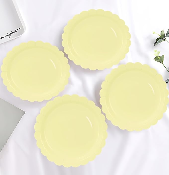 HEIPINIUYE 25 Pieces Yellow Paper Plates 7 Inch Yellow Scalloped Plates Disposable Dinner Plate for Wedding Baby Shower Birthday Party Dessert Plate