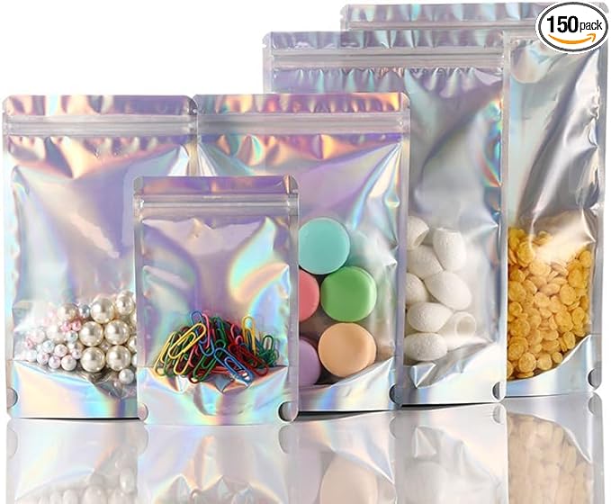150 Pcs Mylar Bags for Food Storage, 4x6 Mylar Bag with Window Stand Up, Small Holographic Resealable Bags Smell Proof Bag Food Packaging for Small Business Freeze Dried Candy Jewelry Foil Packaging