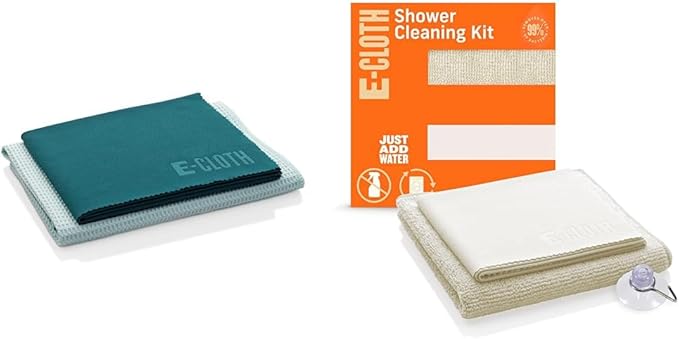 E-Cloth Microfiber Cleaning Cloth Glass Cleaner Kit & Microfiber Cleaning Cloth Shower Kit - Microfiber Cloths for Cleaning Bathrooms - Washable, Reuseable Cleaning Cloths