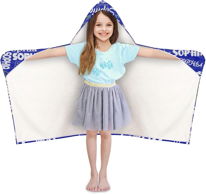 Custom Kids Hooded Beach Towel with Name, Swimsuit Cover-up Wrap Travel Holiday Bath Towel with Snaps, One Size, Royal Blue Background