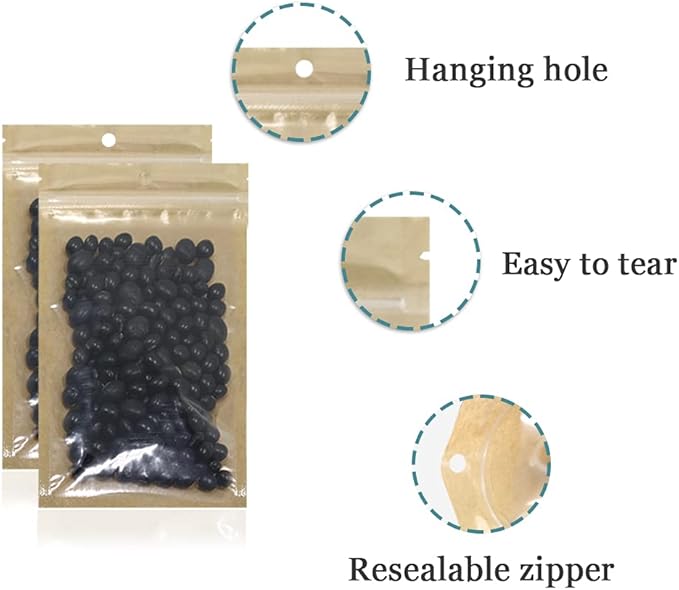FERENLI 100Pcs Clear Brown Kraft Paper Plastic for Zip Reclosable Bag Lock Flat Heat Sealable Smell Proof Packaging Bags Zipper Lock Coffee Plastic Bags 16x24cm (6.3x9.4 inch)