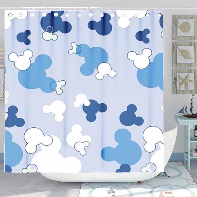 Cartoon Mouse Head Shower Curtain - Kids Bath Curtain Sets - Waterproof Polyester Home Bathtub Decor with 12 Hooks，72x72 Inch Blue,CC-1