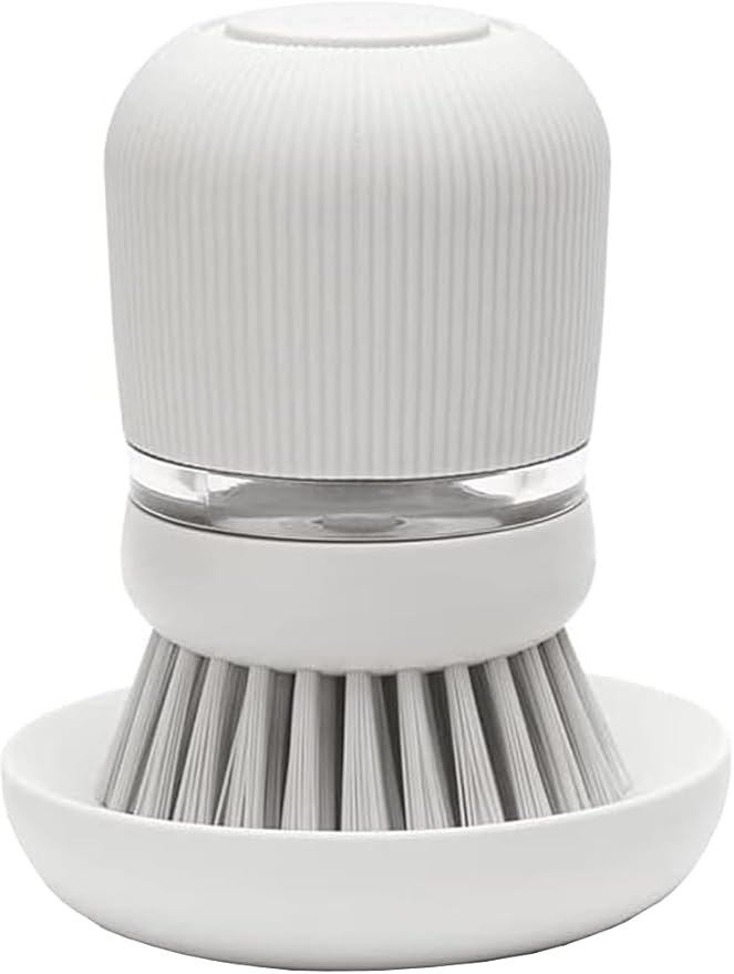 Brabantia Refillable Soap Dispensing Washing Up Brush (Light Gray) Secure Grip Palm Brush with Storage Tray