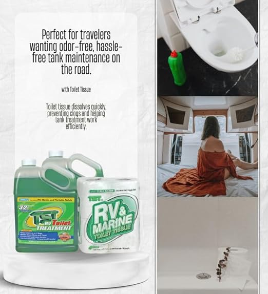 Camco TST Tank Treatment 1 pk Bundle with Toilet Tissue – Breaks Down Waste, Controls Odor for Up to 7 Days, and Treats Up to 40-Gallon RV or Marine Tanks – Gift Set (3 Items).