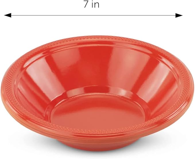 DecorRack 24 Small Plastic Bowls, 7 inch Disposable 12 oz Serving Bowl, Fruit Snack, Popcorn, Soup, and Salad, Kids Birthday and Holiday Party Supplies, Orange (Pack of 24)