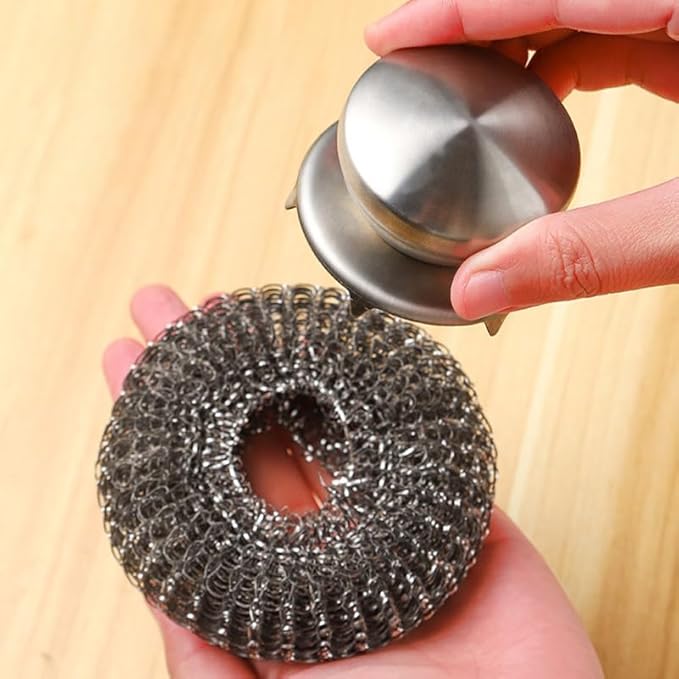 Toyvian Scrubber Brush with Ergonomic Handle, Stainless Steel Heavy Duty BBQ Grill Brush Kitchen Pot Scrubber Non-Scratch Scouring Pad for Cleaning Cast Iron Pots Pans Griddles and Sinks