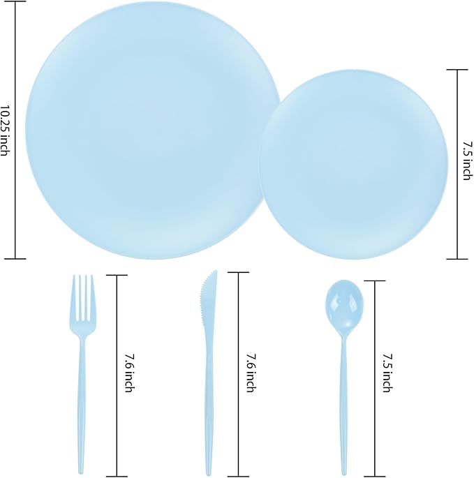 ejonirinjonir EI 150pcs Blue Plastic Plates Disposable Light Blue Baby Shower Plates Heavy Duty Dinnerware Set Plastic Silverware for Party,Wedding,Easter,Spring Afternoon Tea