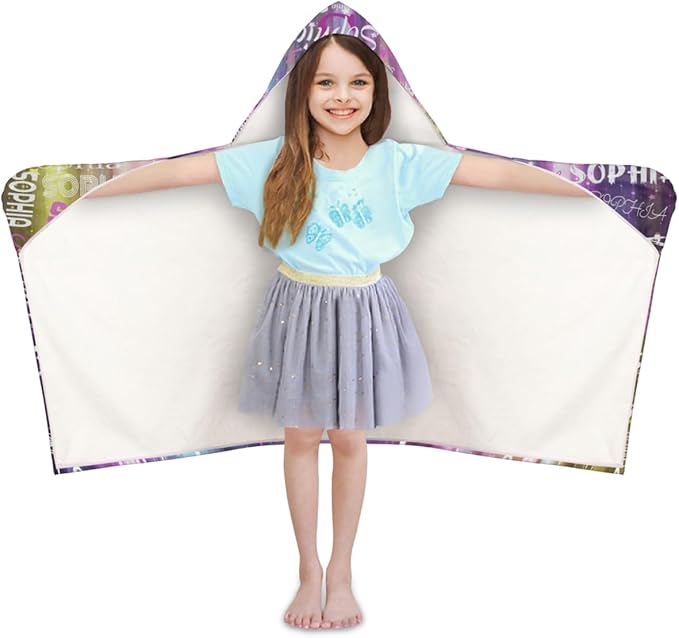 Custom Kids Hooded Bath Towel with Name, Personalized Name Hooded Towel for Boys Girls, Customized Beach Towel Gift for Children, 24" x 50", Purple Yellow Stripes with Stars