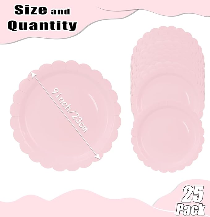HEIPINIUYE 25 Pieces Light Pink Paper Plates 9 Inch Pink Scalloped Plates Disposable Dinner Plate for Wedding Baby Shower Birthday Party Dessert Plate