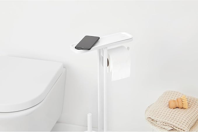 Brabantia Mindset Toilet Butler | Mineral Fresh White | Freestanding All-in-One Bathroom Accessory Set | Toilet Paper Holder Stand, Integrated Shelf & Toilet Brush & Holder | Bathroom Phone Holder