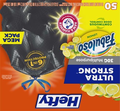 Hefty Ultra Strong 30 Gallon Trash Bags, Large Size, Multipurpose, Break Resistant Drawstring Closure, Resists Leaks, Punctures, and Tears, Black, Fabuloso Lemon Scent, 50 Bags (Pack of 3)
