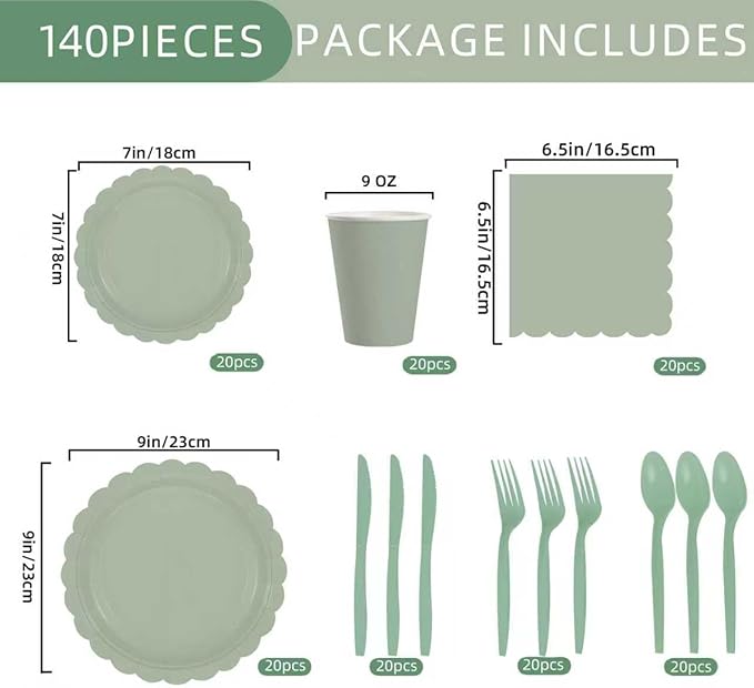 140Pcs Sage Green Paper Plates and Napkins, Sage Green Party Supplies Include Green Scalloped Plate Paper Napkin Cup Plastic Cutlery for Baby Shower, Wedding, Birthday