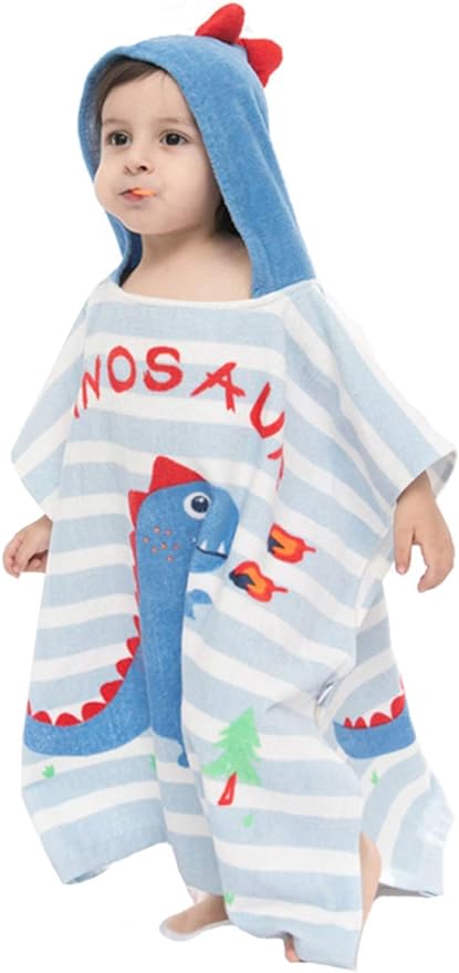 TONWHAR Kids Bath/Pool/Beach Hooded Poncho Towel-Cartoon Animal Pattern Cotton Beach Towel for Baby and Kids (Dinosaur, 5-9 Years/Height:43.3"-51.2")