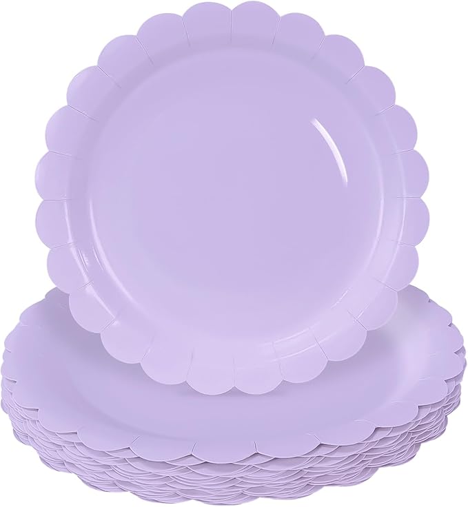 HEIPINIUYE 25 Pieces Light Purple Paper Plates 9 Inch Lavender Scalloped Plates Disposable Dinner Plate for Wedding Baby Shower Birthday Party Dessert Plate
