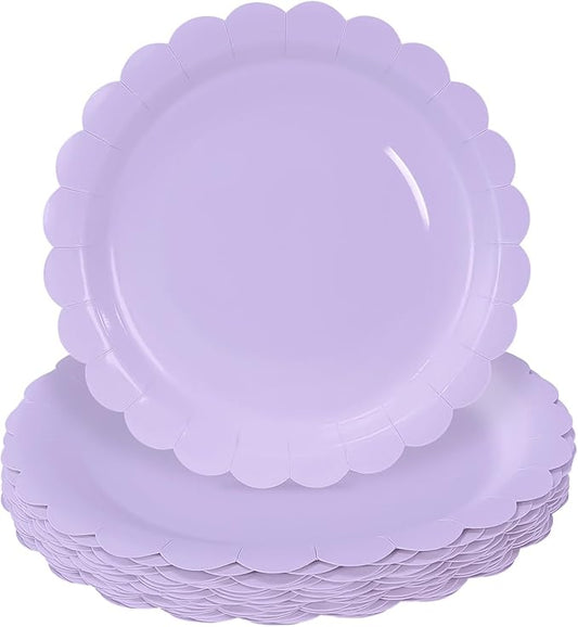 HEIPINIUYE 25 Pieces Light Purple Paper Plates 9 Inch Lavender Scalloped Plates Disposable Dinner Plate for Wedding Baby Shower Birthday Party Dessert Plate
