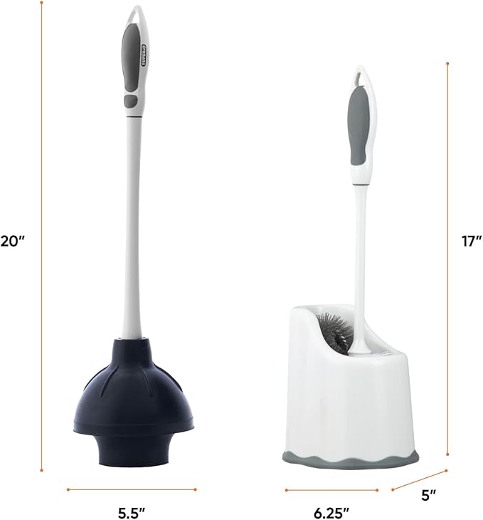 Superio Sink & Toilet Plunger with Toilet Bowl Brush and Holder Set - Dual-Purpose Drain Plunger with Mold-Resistant Rubber Head & Ergonomic Grip