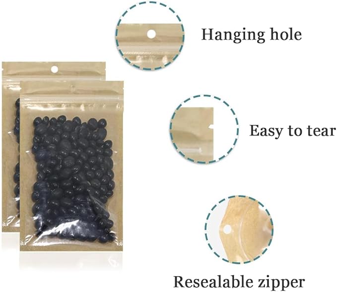 FERENLI 500Pcs Clear Brown Kraft Paper Plastic for Zip Reclosable Bag Lock Flat Heat Sealable Smell Proof Packaging Bags Zipper Lock Coffee Plastic Bags 9x15cm (3.54x5.91 inch)