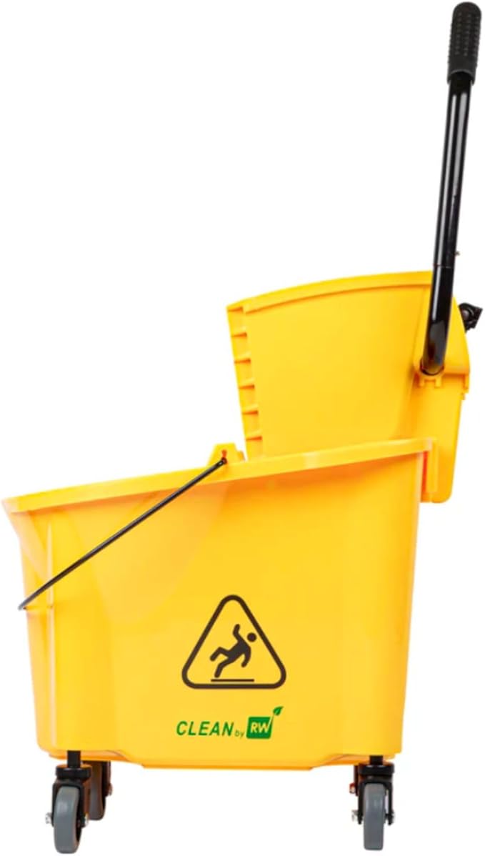 Restaurantware RW Clean 38 Quart Industrial Mop Bucket 1 Combo Mop Wringer Bucket - With Side Press Wringer Built-In Casters Yellow Plastic Commercial Mop Bucket Carry Handle For Commercial Use