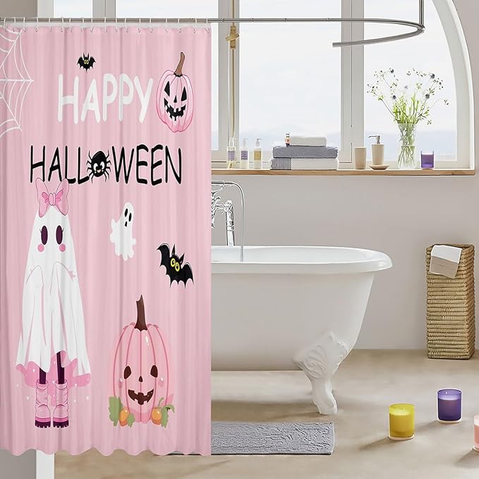 Pumpkin Bat Pink Shower Curtain with Hooks,Cartoon Ghost Room Decor Bath Curtain,Girly Halloween Bathroom Accessories Waterproof Panel,72x 84 Inches