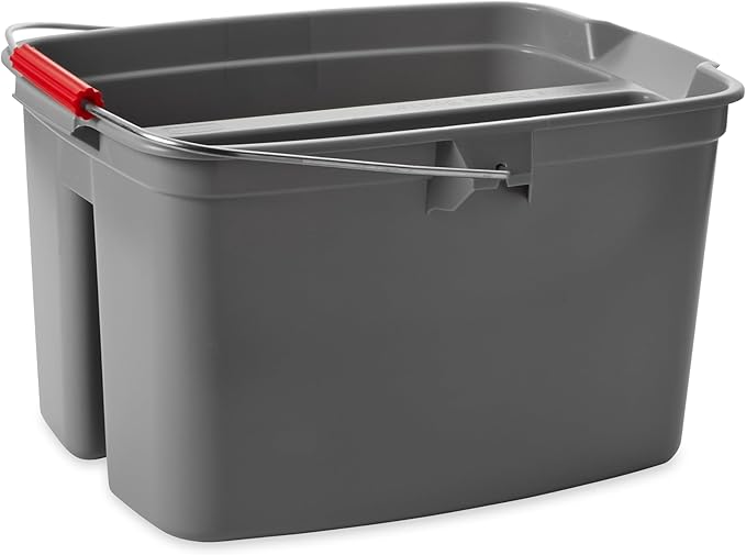 Rubbermaid Commercial Products Double Pail Plastic Bucket for Cleaning Easy to Carry 19 Quart Gray Cleaning Caddy Supplies Organizer with Handle for Bathroom/Kitchen