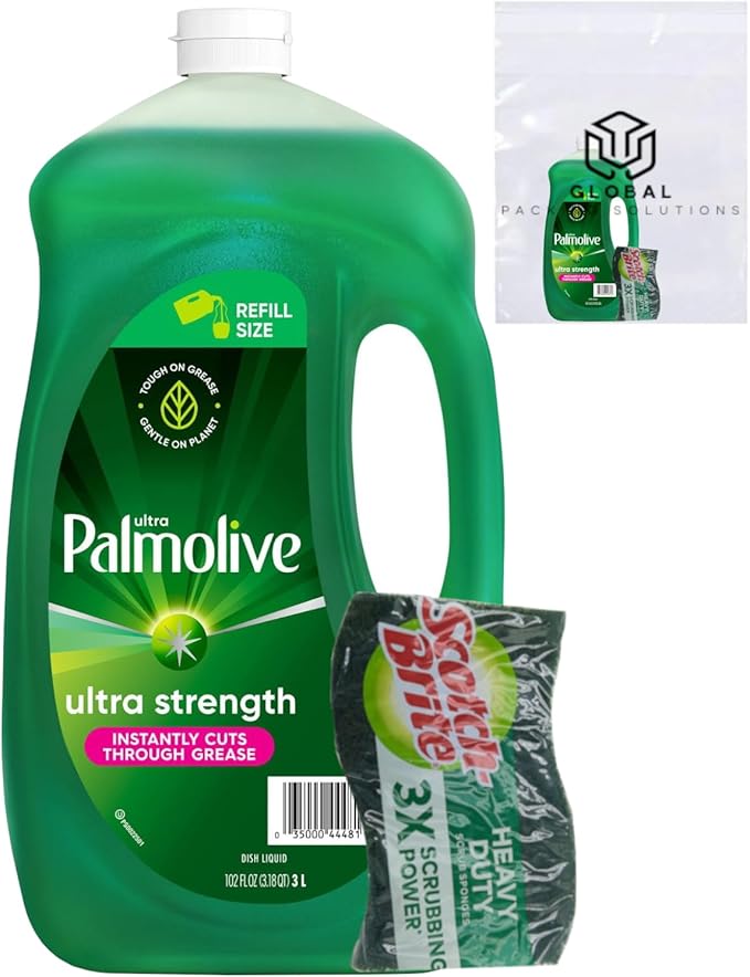 Ultra Palmolive Antibacterial Dishwashing Liquid, Original Scent, Dish Soap Refill 102 Fl. Oz, bundled with Heavy Duty Scotch Brite Sponge