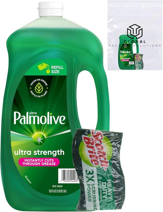 Ultra Palmolive Antibacterial Dishwashing Liquid, Original Scent, Dish Soap Refill 102 Fl. Oz, bundled with Heavy Duty Scotch Brite Sponge