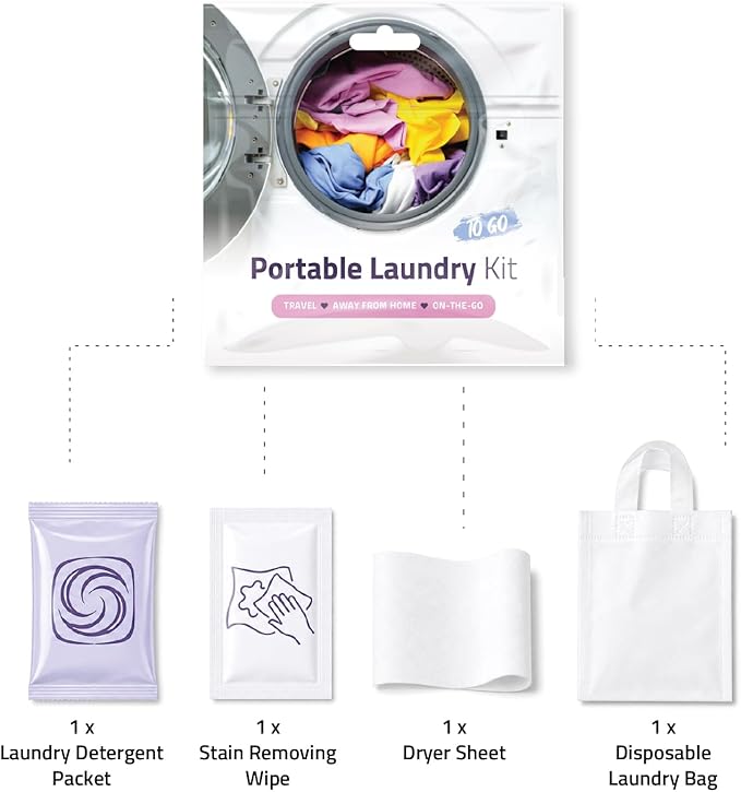 Portable Laundry Kit – Travel Clothes Cleaning Essentials with Liquid Detergent, Stain Remover Wipe, Dryer Sheet & Laundry Bag – Bulk Supply for Motels, Camping & Charities (3 Packs)