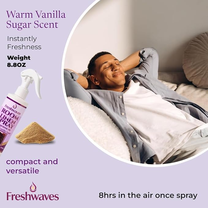 Freshwaves Room & Linen Spray | Warm Vanilla Sugar Fragrance Oil | 8.8oz Air Freshener | Odor Eliminator for Living Room, Bedroom, Bathroom & Office | Trigger Spray Bottle