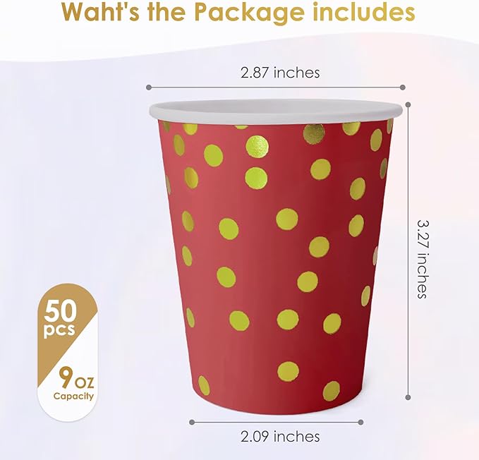 Red and Gold Paper Cups,9 oz Red and Gold Foil Dot Disposable Cups for Birthday Wedding Party Supplies(50 Pcs)
