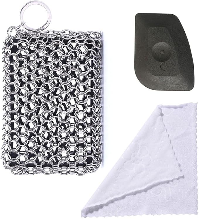 Cast Iron Skillet Cleaner, 316 Chainmail Scrubber Built-in Silicone Cast Iron Cleaner for Cast Irons Grill Pan Skillet Wok Bakeware Easy to Use Dishwasher Safe, Scrubber + Scraper + Towel (Black)