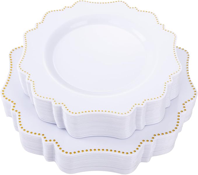 COLOSUS 60pcs White and Gold Disposable Plastic Plates Set, Gold White Party Plates, 30pcs Dinner Plates and 30pcs Salad/Dessert Plates for Wedding, Party, Anniversary, Daily Use