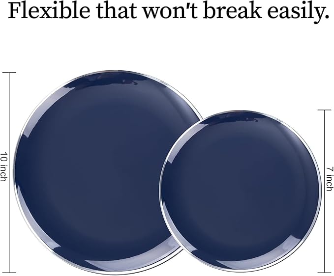 KIRE 200PCS Blue Plastic Plates with Silver Rim - Navy Blue Plastic Plates Include 100 Dinner & Dessert Plate - Heavy Duty Dark Blue Disposable Plate for Graduation/Parties/Memorial Day/Father's Day