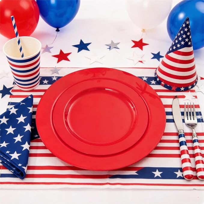 FLOWERCAT 60PCS Red Plastic Plates - Heavy Duty Red Plates Disposable for Party - Include 30PCS 10.25inch and 30PCS 7.5inch for 30 guests Birthday Party & Mother's Day &Events& July 4th