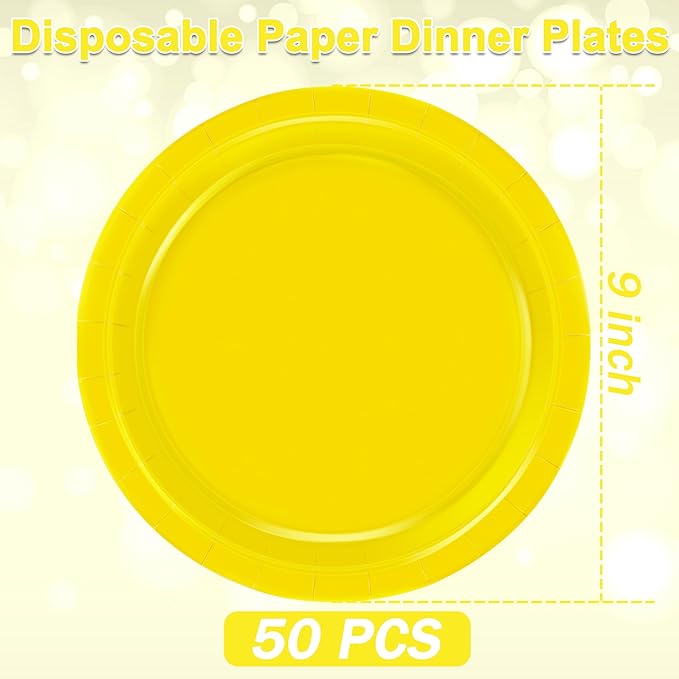 QZYL Disposable Paper Plates Set, 50 PCS Yellow Dinner Paper Plates, Round 9 Inches Party Tableware Pack for Daily Meal Picnic Anniversary Wedding Festival Gathering Party Supplies