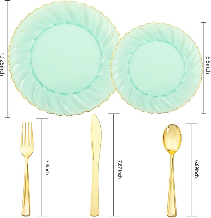 YOUBET 125PCS Clear Green Plastic Plates with Gold Rim - Green and Gold Plastic Plates Include 25 Dinner Plate 25 Dessert Plate 75 Disposable Silverwares for Wedding & Party