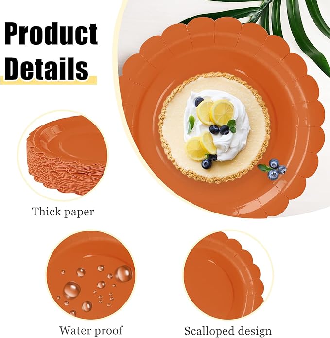 HEIPINIUYE 25 Pieces Orange Paper Plates 7 Inch Fall Orange Scalloped Plates Disposable Dinner Plates for Wedding Baby Shower Birthday Thanksgiving Party Dessert Plates