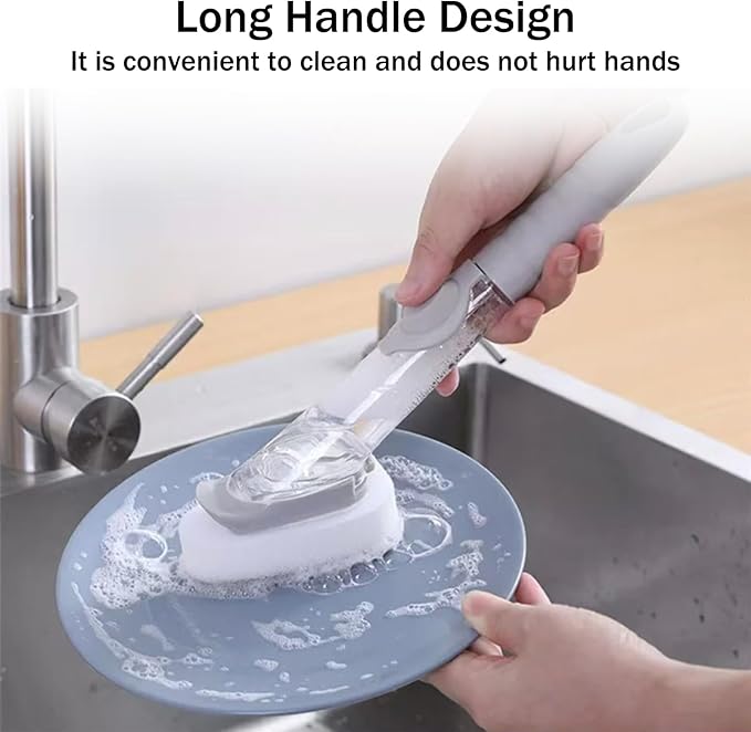 Soap Dispensing Dish Brush with Holder, Kitchen Pot Pan Scrub Brush Set with Replaceable Brush Head, Sink Cleaning Brush with Storage Tray (3-piece Brush Head Set)