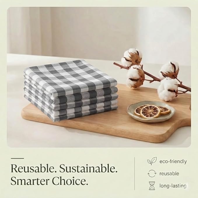 Urban Villa Kitchen Towels Set of 6 Buffalo Checks Grey/White Kitchen Towels 20X30 Inches 100% Cotton Highly Absorbent Kitchen Towels Premium Quality Ultra Soft Mitered Corners KitchenTowels