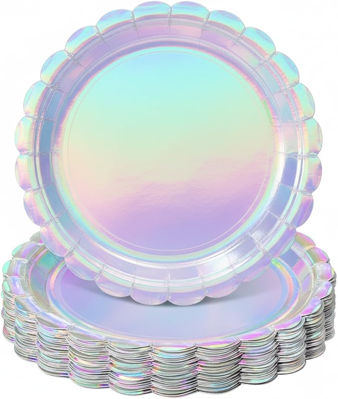 NatNarr 30 Pcs Iridescent Plates Disposable 9 Inch Scalloped Holographic Plates Sliver Birthday Cake Dessert Plate for 2026 Graduation, Mermaid, Disco, Unicorn Birthday