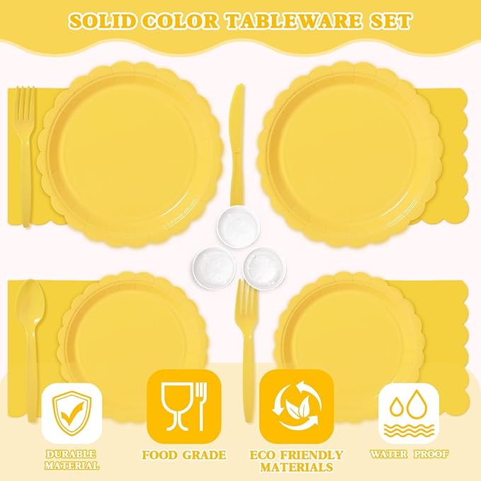 Vyntra 175 Pcs Yellow Disposable Paper Plates and Napkins Set for 25, 9" Dinner Plates & 7" Dessert Plates, Tableware for Birthday, Baby Shower, Picnic, Party