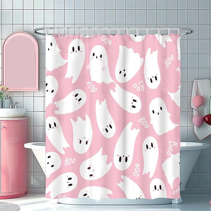 Castle Fairy Happy Halloween Shower Curtain,Cartoon Ghost Pink White Bath Curtain for Kids Bathroom Decor,Waterproof 72" Wx72 L