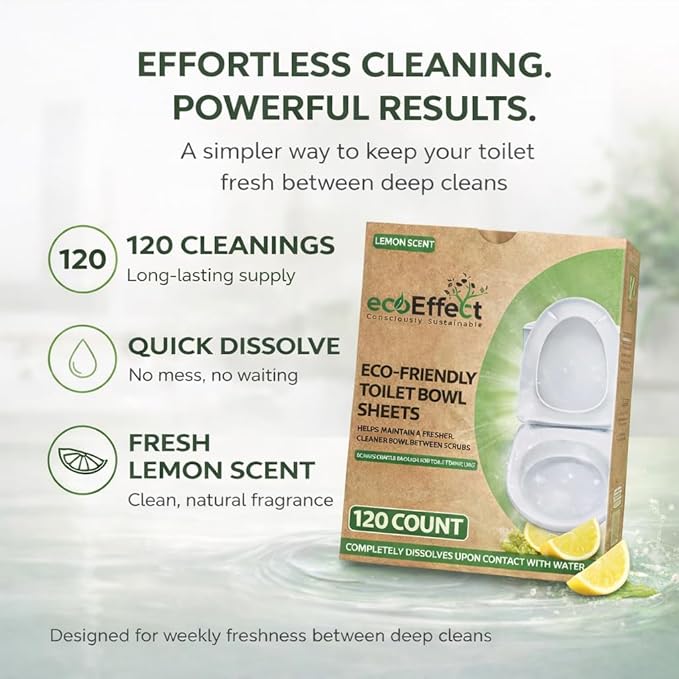 Toilet Bowl Cleaner Sheets | 120 Cleans | Natural | Quick Dissolve | Deodorizing Citrus Scent | Biodegradable | Septic Safe | Eco-Friendly | NO PLASTIC