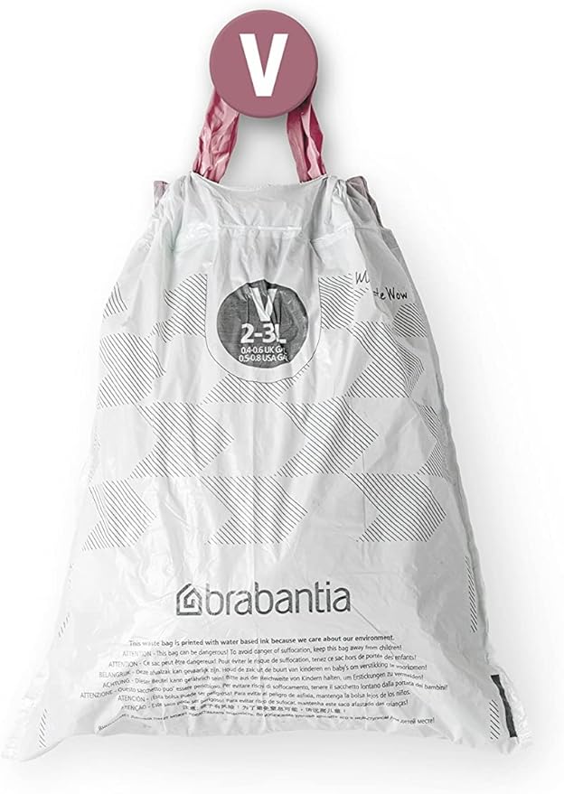 Brabantia PerfectFit Trash Bags (Size V/0.5-0.8 Gal) Thick Plastic Trash Can Liners with Drawstring Handles (200 Bags)