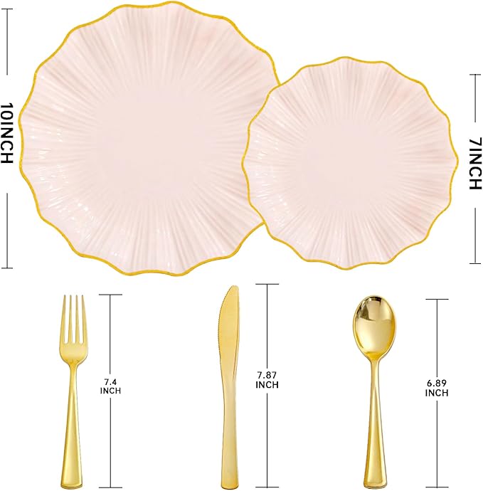 U-QE 150PCS Pink Plastic Plates for Party, Heavy Duty Pink Disposable Plates, Gold Dinnerware Set Include 30 Dinner Plates,30 Dessert Plates,30 Gold Plastic Silverware Set for Mothers Day, Party